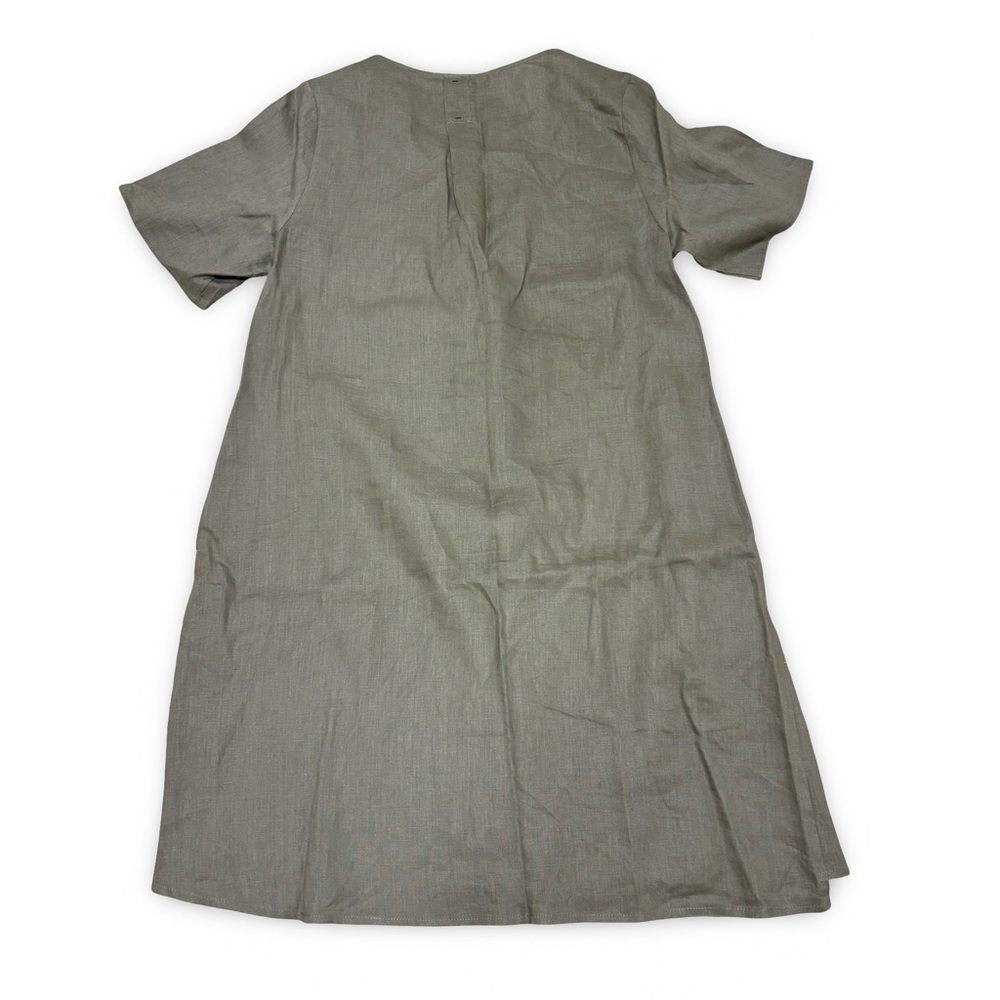 100% Linen Olive Green Taupe Midi Cap Sleeve Dress With Pockets Size M - Picture 2 of 6